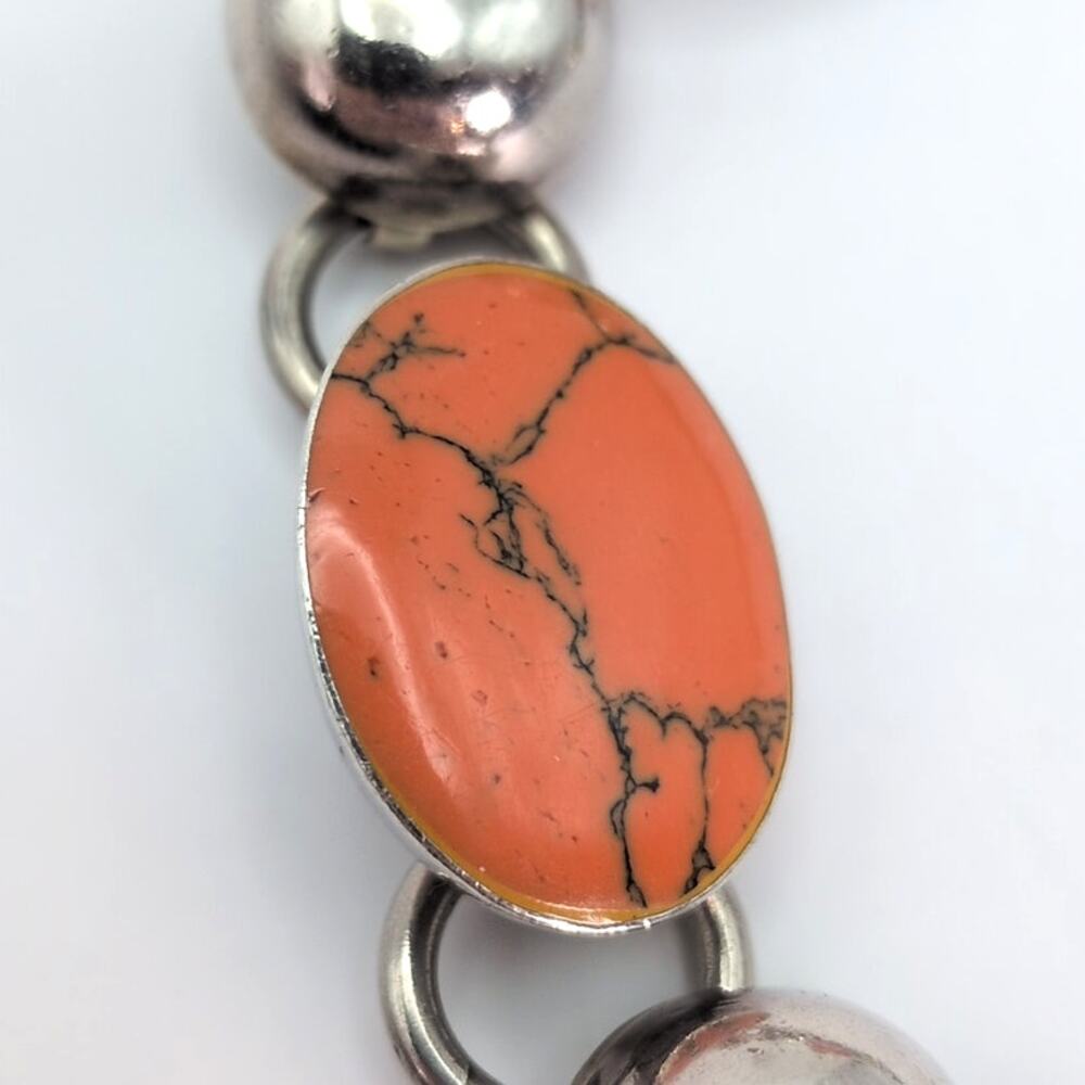 Sterling Silver 925 Mexico Orange and Black Oval Gemstone Toggle Bracelet 39.6g - Picture 5 of 9